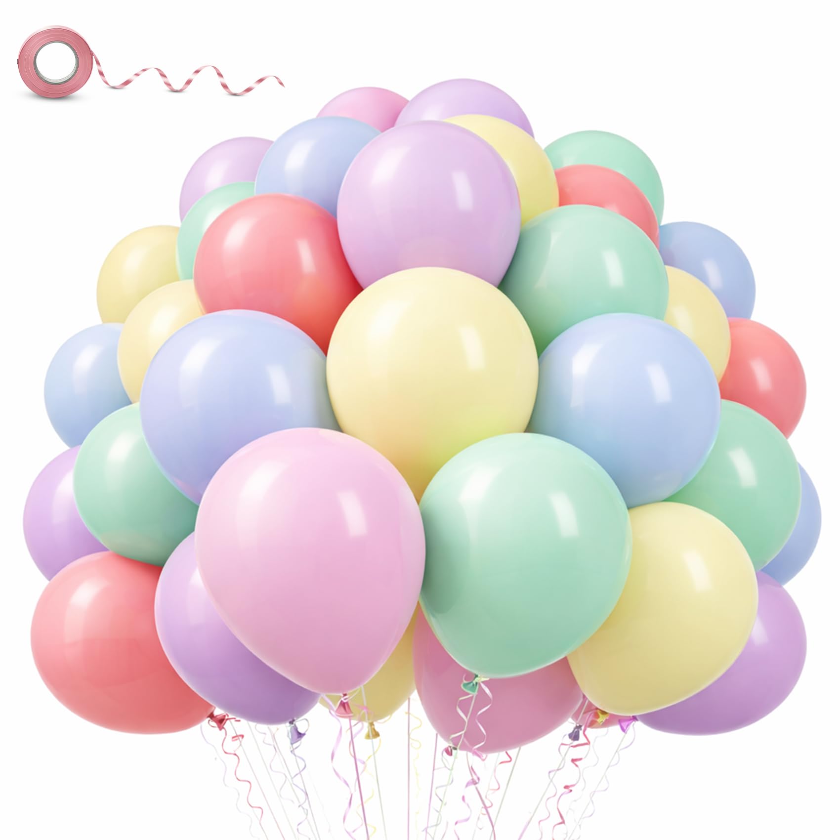 TYGA Pastel Colourful Balloons 12 Inch 30 Pack With Pink Ribbon - Strong Thicken Latex Birthday Balloons - Perfect for Party, Weddings, Events, and Decorations Accessories