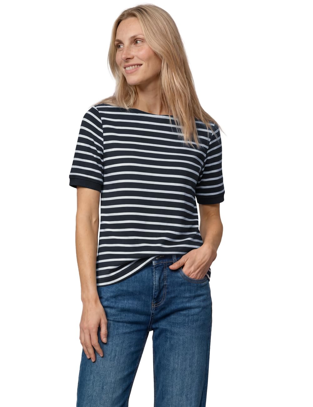 Street One T-Shirt with Boat Neck and Stripes Darkest Blue 36