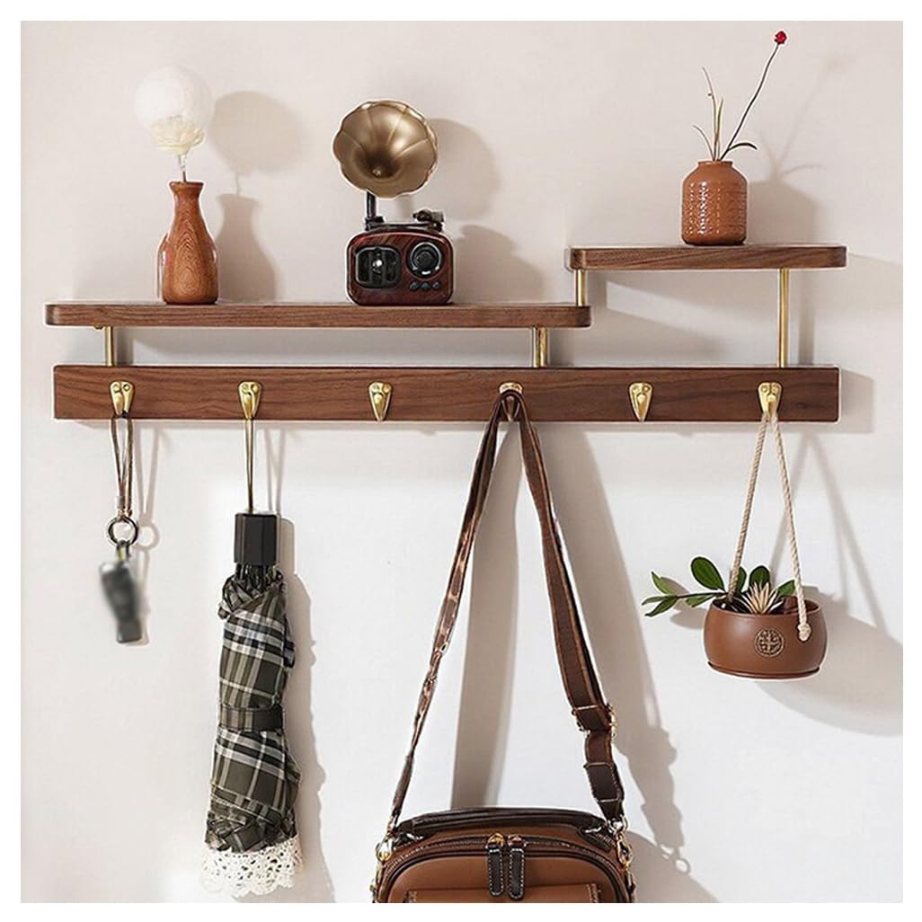 ZHOUXIAO Solid Wood Coat Rack with Shelf Wall Mount, Walnut Wood Coat Hooks Hanger 70cm