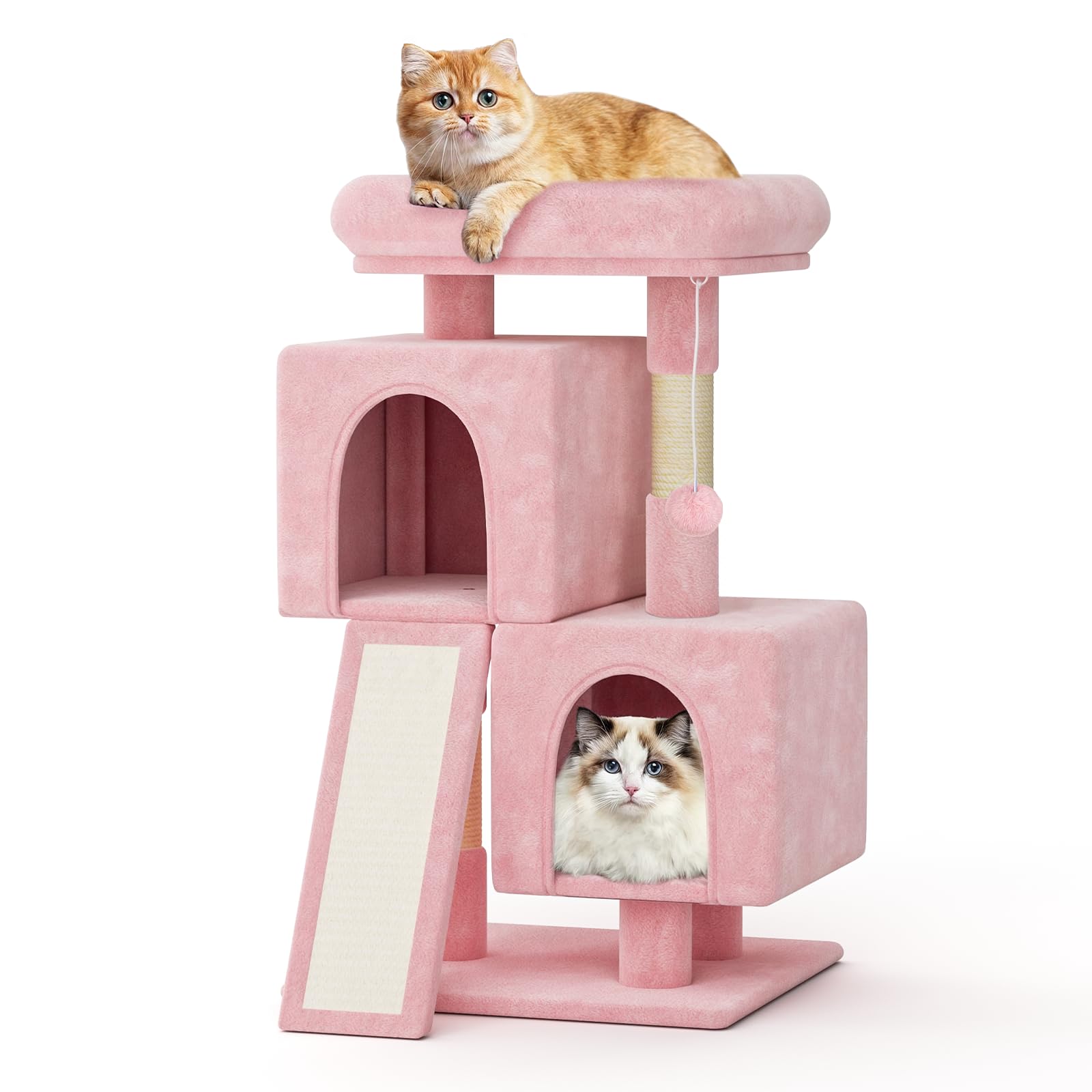 MoNiBloom Cat Tree Tower, 34 Inch Cat Tower with 2 Condos, Scratching Post & Sisal-Covered Scratching Board, Small Cat Climbing Tower, Pink Pet Play
