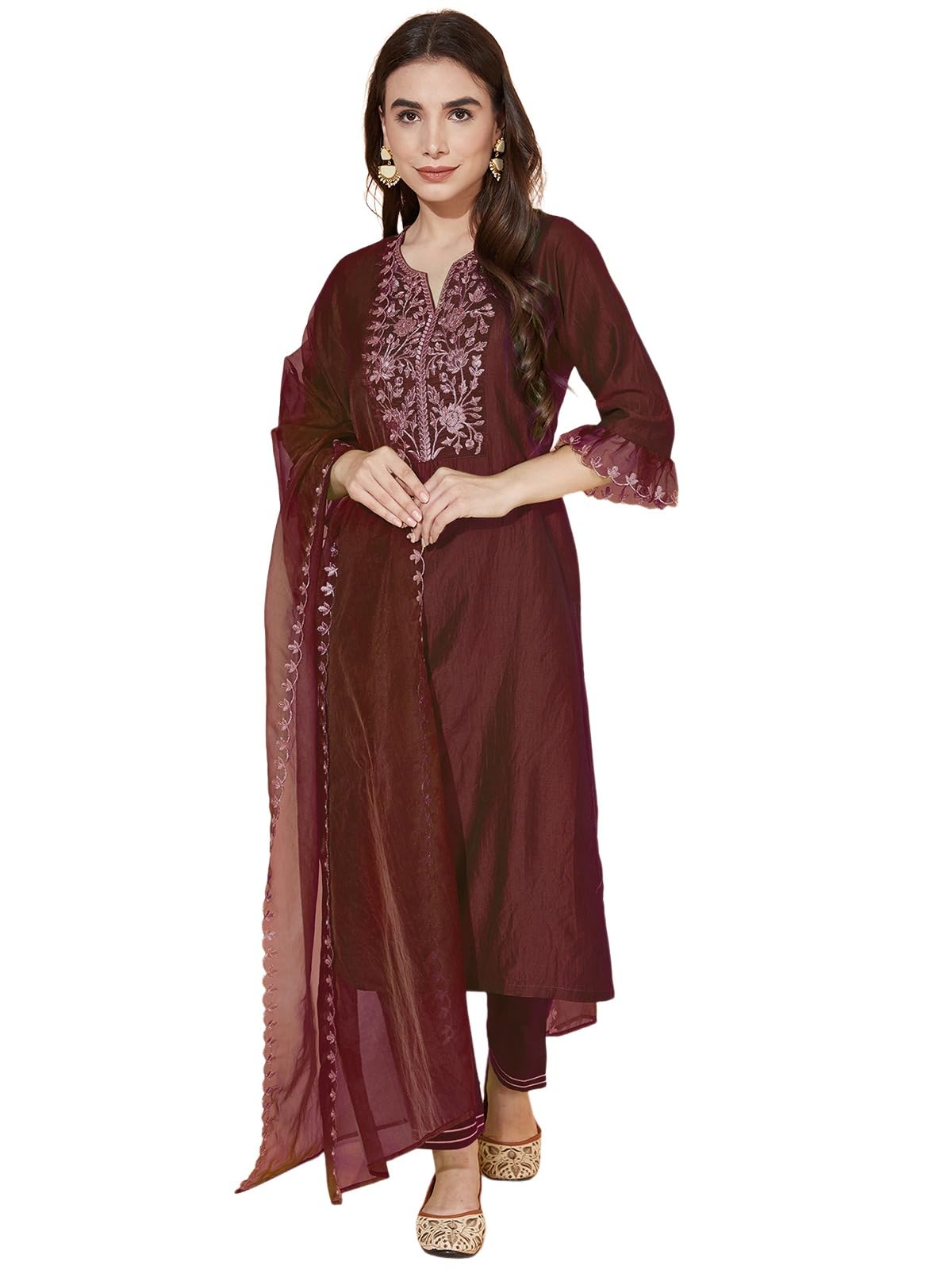 Sanisa Women's Chinnon Silk & Organza Sequence And Embroidery Work Straight Kurta With Pant And Dupatta Set (38Kbd477Nb-Xxl_Maroon)