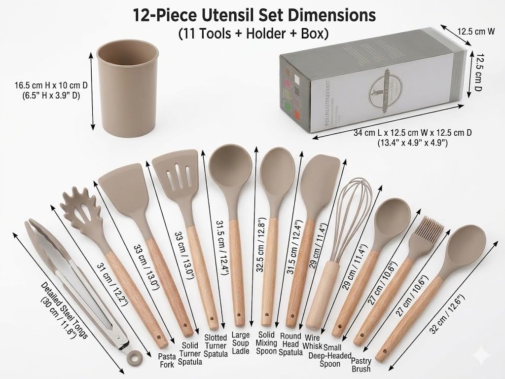 12 Piece Kitchen Utensils Set with Holder, Silicone Cooking Utensils with Wooden Handles for Nonstick Cookware, Beige Kitchen Cooking Tools Set