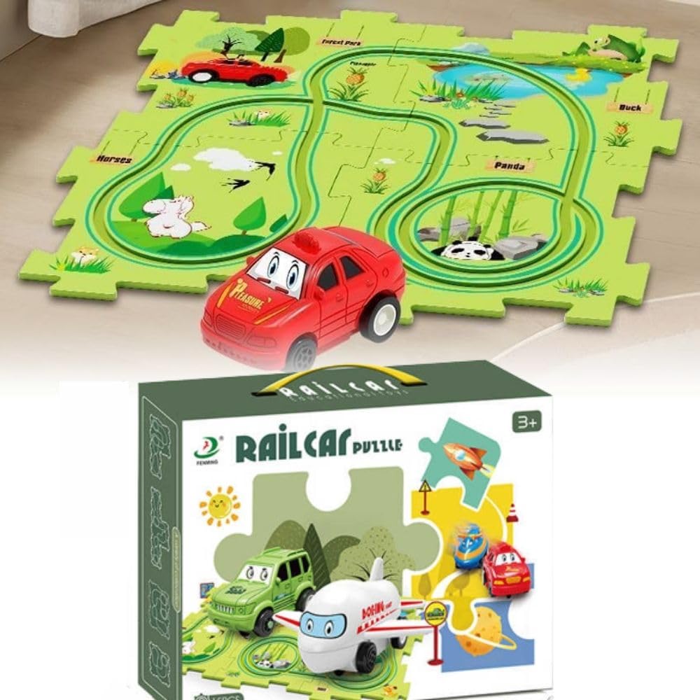 BLiSS HUES 15 PCS Car Puzzle Track Set for Kids with A Cute Vehicle Toddler Puzzle Track Play Set- Critical Thinking Educational Toys for 3-5 Year Old Boys Girls (Jungle-15 Pcs)