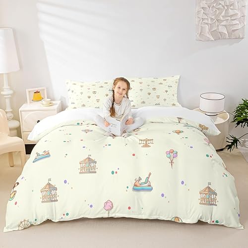 Manfei Juego de ropa de cama de parque de atracciones para niños, tamaño matrimonial, globo de aire caliente y funda de edredón con 2 fundas de