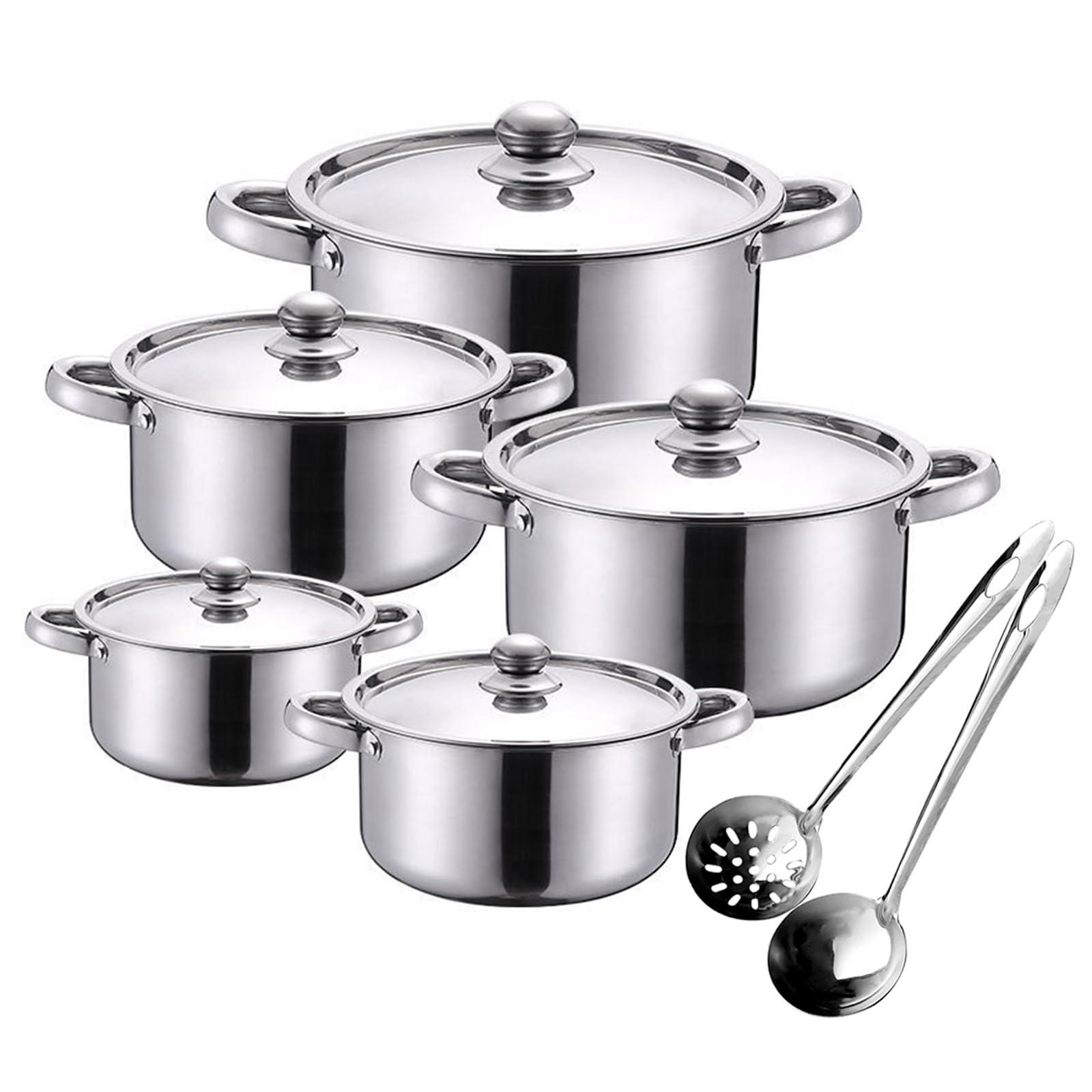 7-Piece Cooking Pot Set Made of Stainless Steel,Double Handle with Lids Soup Ladle Slotted Spoon Classic Design,with 3 Cooking Pots and 2 Saucepan (Silver)