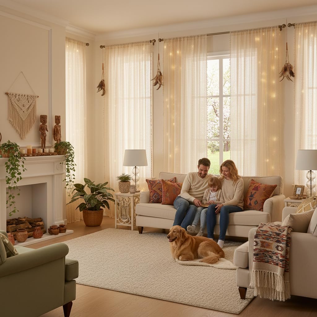 Boho Lace Curtains 80 Inches 2 Panel,Light Filtering Privacy Tassel & Geometry Crochet Semi Sheer Curtain Drapes for Bedroom Living Dining Room,Rod Pocket & Tassel,Vintage Farmhouse Decor,Beige