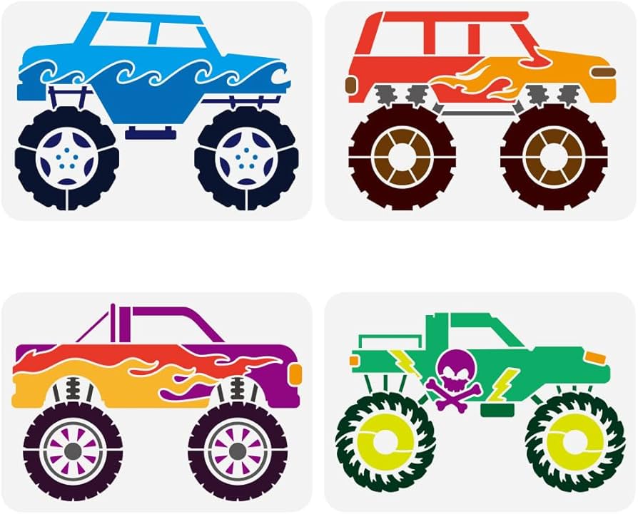 Amazon.com : FINGERINSPIRE 4PCS Monster Truck Stencil for Painting 8.3x11.7 inch Reusable Lifted Big Tires Painting Stencil Plastic PET Large Wheel Drawing Template Skull Pattern Stencil Vehicle Theme Template : Arts, Crafts