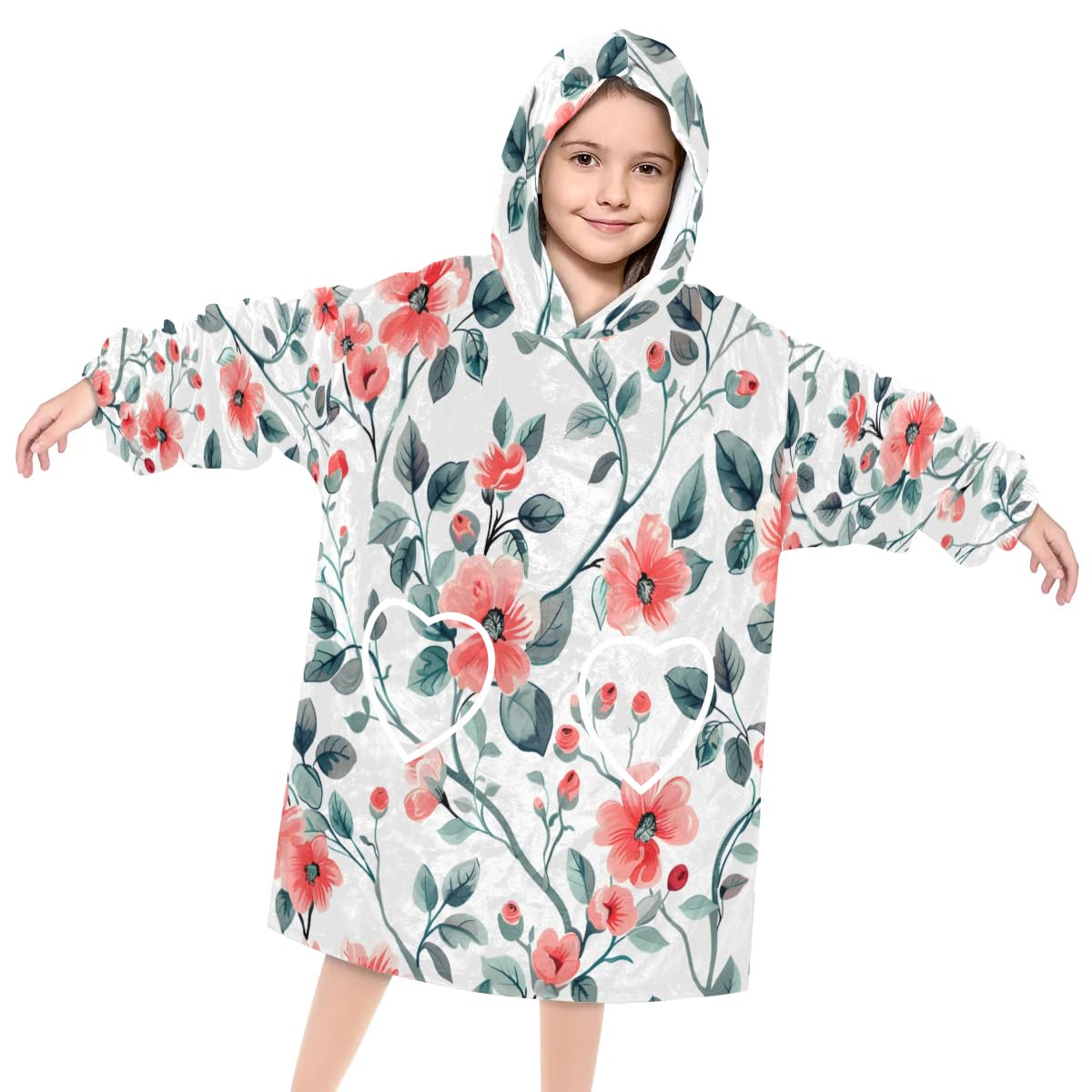 Pardick Wearable Blanket Hoodie for Kids, Watercolor Flowers Fleece Sweatshirt Blanket Oversized Blanket Sweatshirt with Pocket Flannel Warm Hooded Blanket 6-10 Year Old Girl Boy Gift, One Size