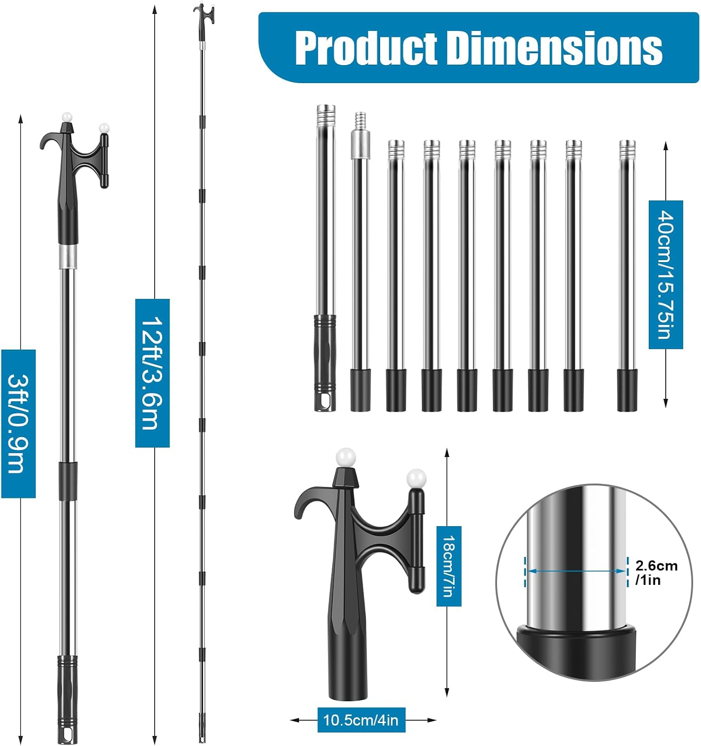 3-12FT Telescoping Boat Pole with Luminous Hook | Lightweight & Durable, 9-Stage Anodized Aluminum Pole | 3/4" Threaded End for Push-Pull Docking Boating Cleaning Accessories