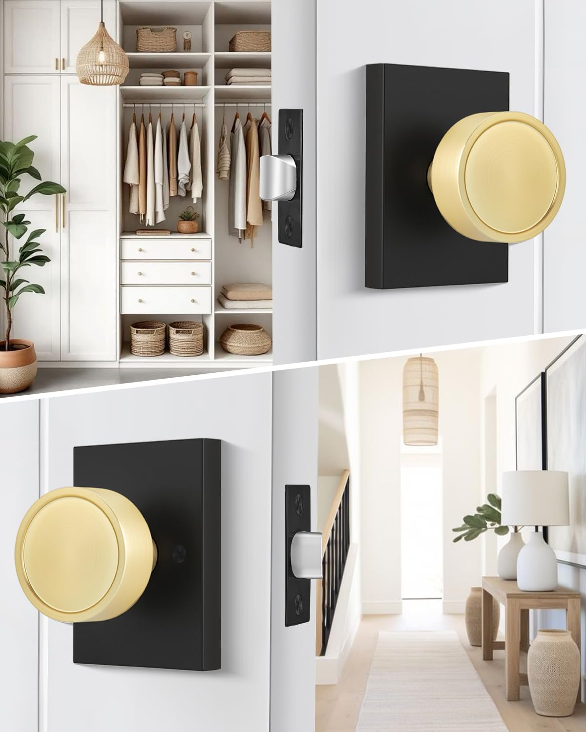 Goldenwarm Black Gold Closet Door Knob Interior, Zinc Alloy Matte Black Gold Passage Interior Door Knob, Rectangular Heavy Duty Modern Indoor DoorKnob for Closet, Hallway, 1 Pack