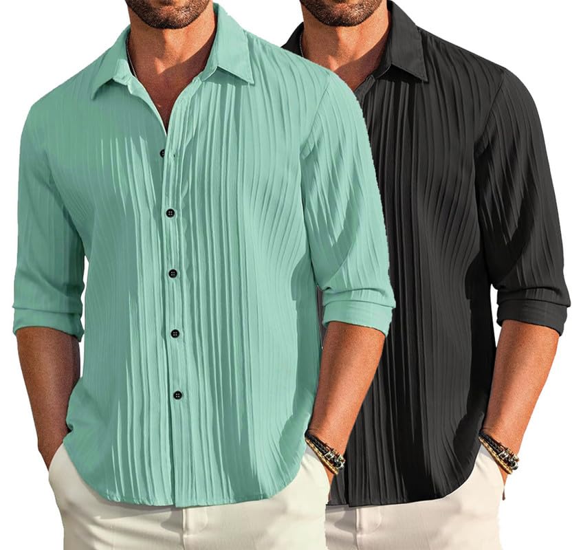 Image of DEELMO Combo of Men's Casual Button Down Shirts Long Sleeve Linen Shirt Fashion Textured Summer Shirts Pack of 2
