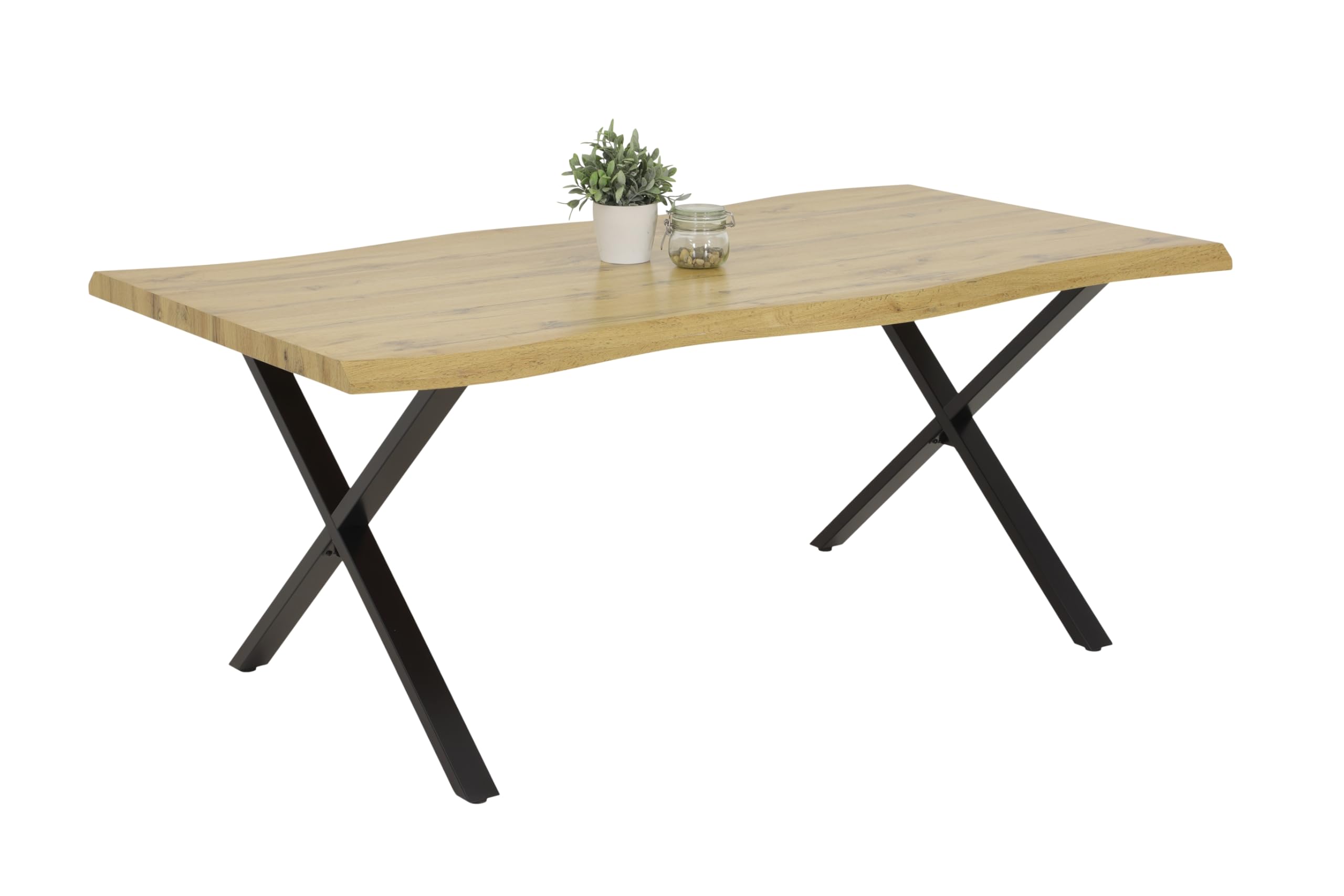 Hela Tische, Esstisch Gerda, Tischplatte 46mm Baumkantenoptik in Wildeiche, X-Gestell Metall Schwarz, 140x90cm