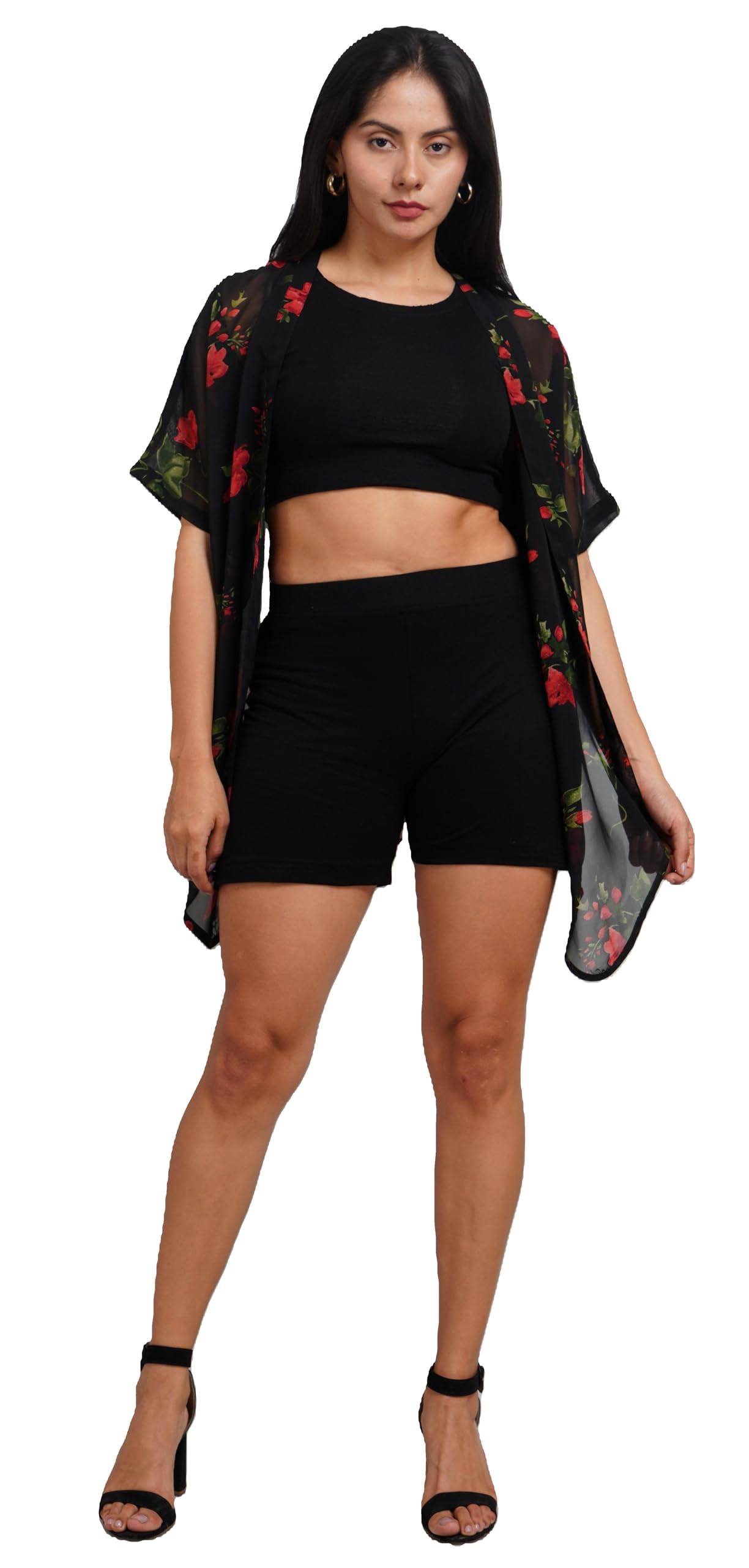 Women Lightweight Beach Co-ords: Crop Top, Hot Pants & Floral Shrug (Wearable Separately)-picture-18