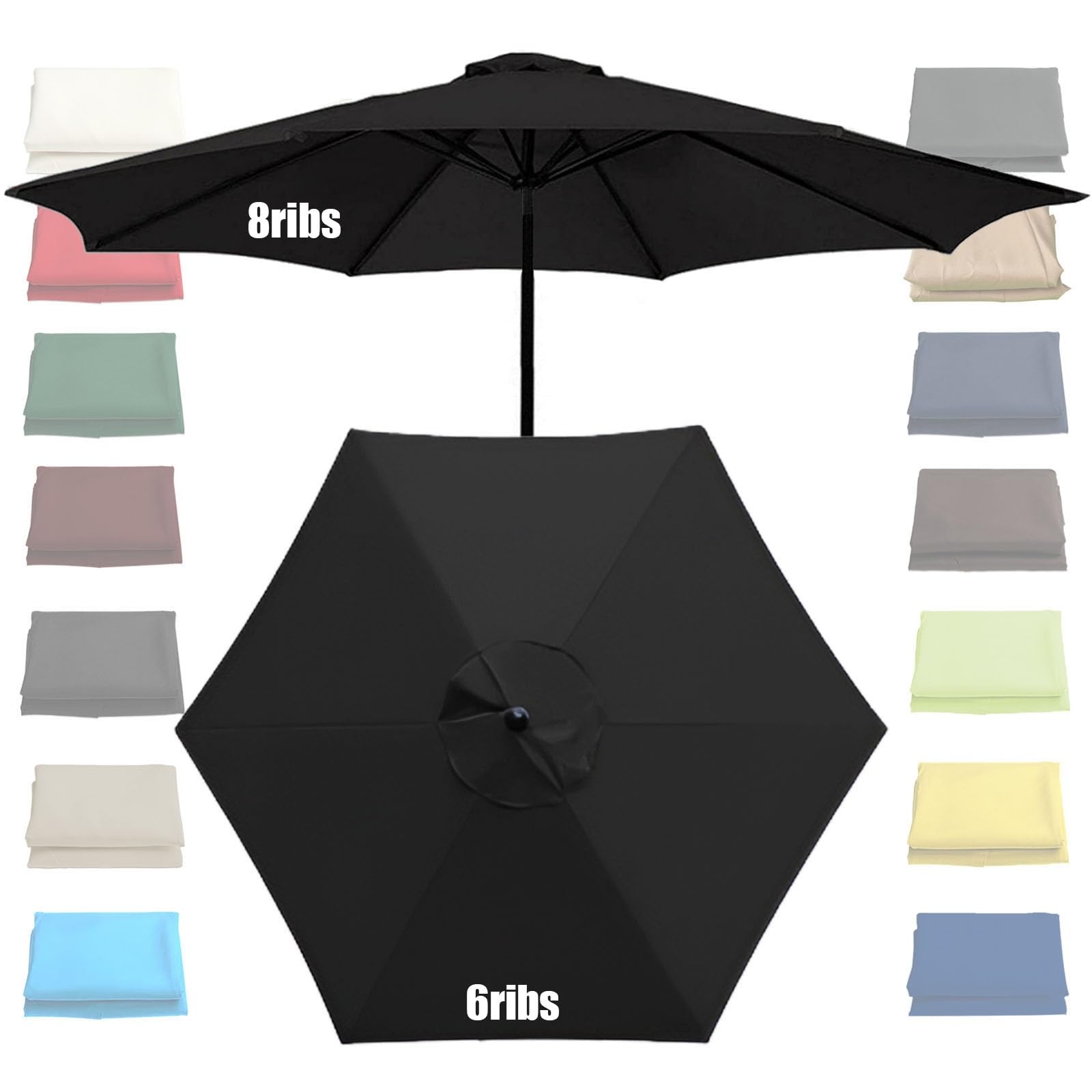 GZDXBF Replacement Umbrella Canopy Top Shade Cover 200cm-6arms, 270cm/300cm-6/8arms, Market Table Umbrella Canopy(Black,6 ribs-3m(9.8ft))