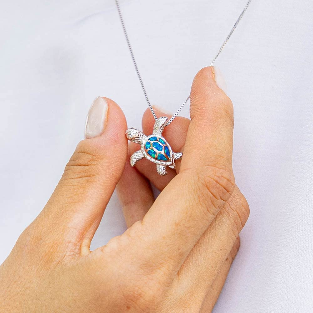 Collana Tartaruga con Ciondolo Tartaruga Argento 925 e Opale Blu o Bianco - Idea Regalo per Chi Ama le Tartarughe e il Mare - Modello Panama