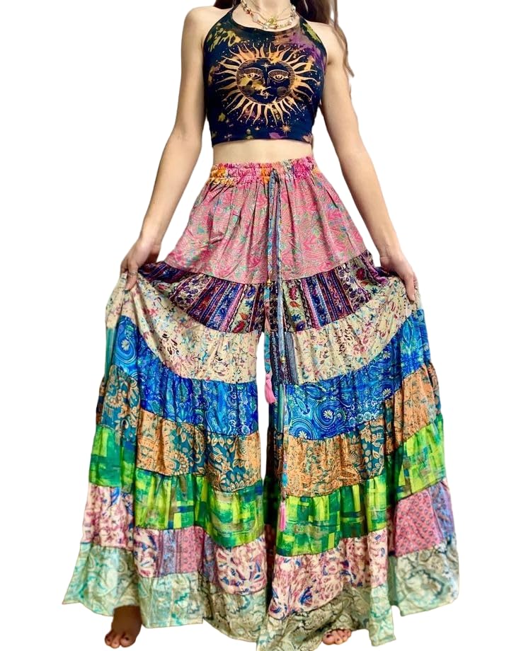 Recycled Sari Silk Wide Leg Patchwork Pants, Boho Hippie Skirt Pant for Women, Boho Hippie Patchwork Palazzo Pant,Elastic Waist (28-38 Inch) Silk Palazzo