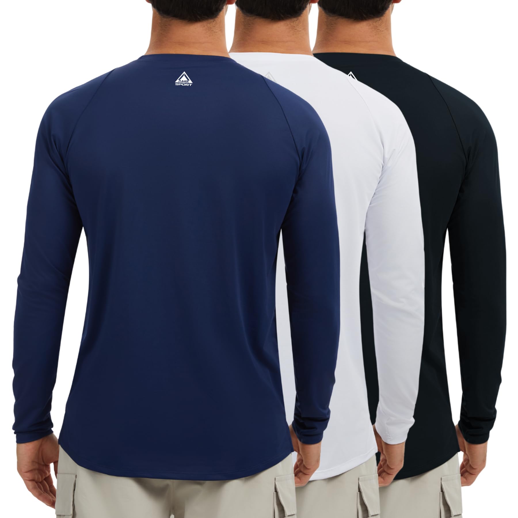 AMZSPORT Lot de 3 T-Shirt Homme Manches Longues Anti-UV UPF 50+ Haut de Sport Respirant à Séchage Rapide pour Course, Randonnée, Outdoor