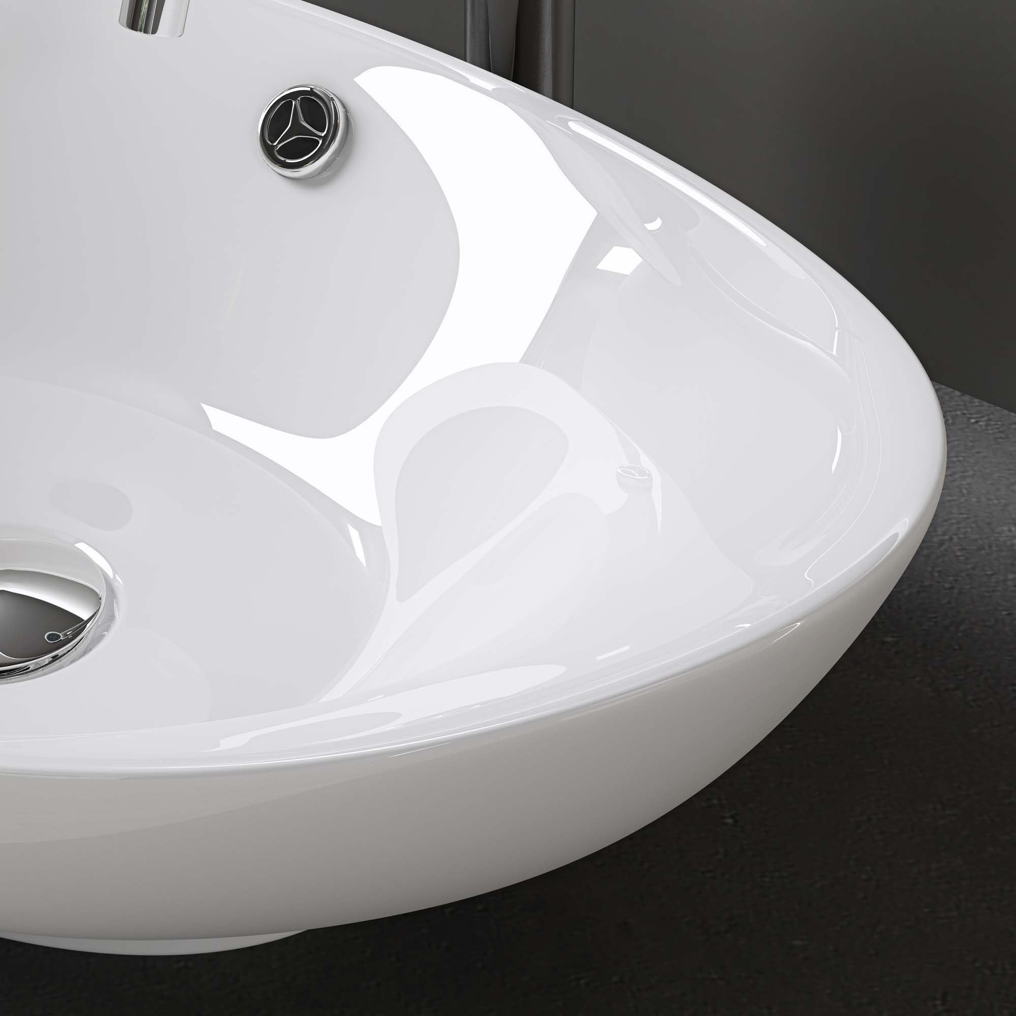 doporro Lavabo Ovale da Appoggio in Ceramica Bianco Lucido 59x38,3x19,2 cm, Lavandino Bagno con Troppopieno Effetto Loto Brüssel818