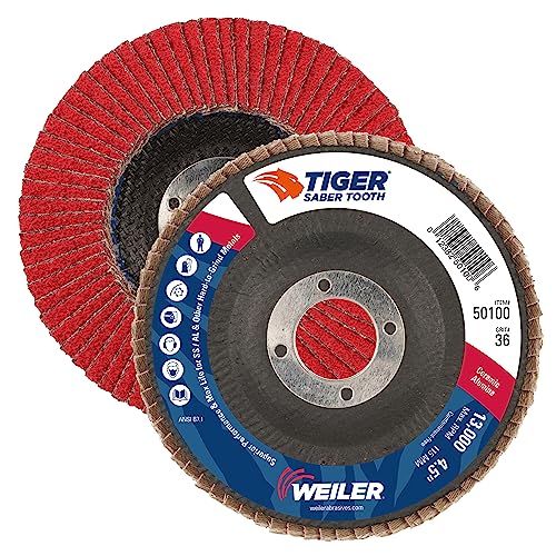 Image of Weiler 50100 Saber Tooth 7 /8 inch Arbor, 4-1 /2 inch Diameter, 36 Grit, Ceramic, Phenolic Backing, Angled Abrasive Flap Disc