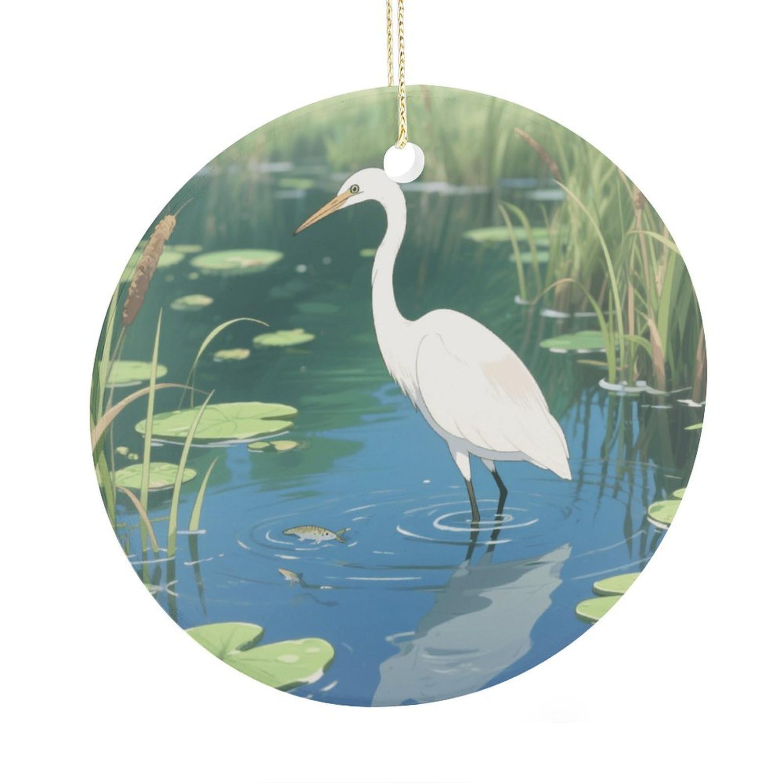Fekiloot Style Heron Fishing Christmas Ornaments 2.9 Inch Round Ceramic Ornament Keepsake Thank You Gifts For Office, Room, Home - Holiday Present Ideas