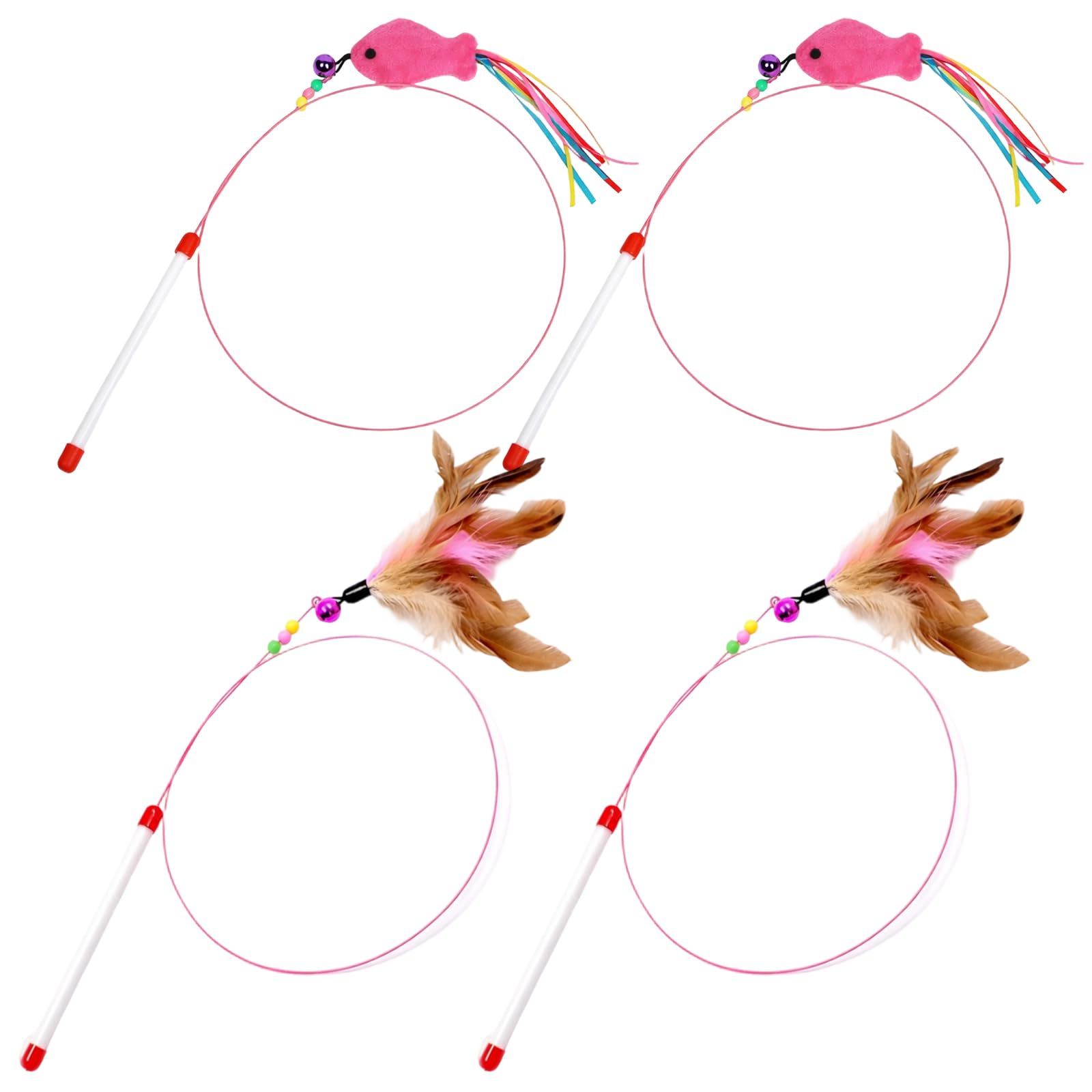 EujRcf 4PCS Cat Teaser Wand, Cat Feather Wand Teaser Toy, Feather Teaser Cat Toy, Cat Feather Wand, for Cats and Kitten Playing, Interactive Toy with Feather and Fish Attachments