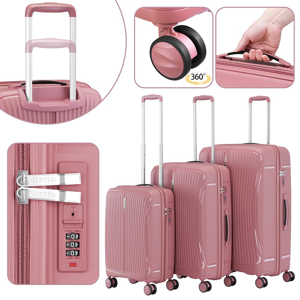 Set 3 Valigie Rigide in ABS 90L - 59L -38L con Ruote Silenziose Easy Roll Girevoli a 360°, Valigia Ultraleggera con Chiusura a Combinazione Rinforzata, Manico Telescopico Ergonomico (Rosa)