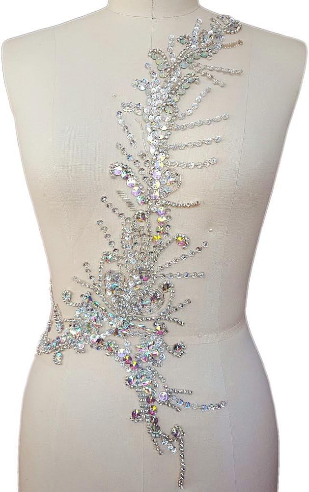 Gorgeous Pure Handmade Bright AB Color Rhinestone Crystal Trim Sewing Beaded Flower Sew on Appliques Designs for Wedding DIY Dresses Patches Decoration 28x58cm (AB)