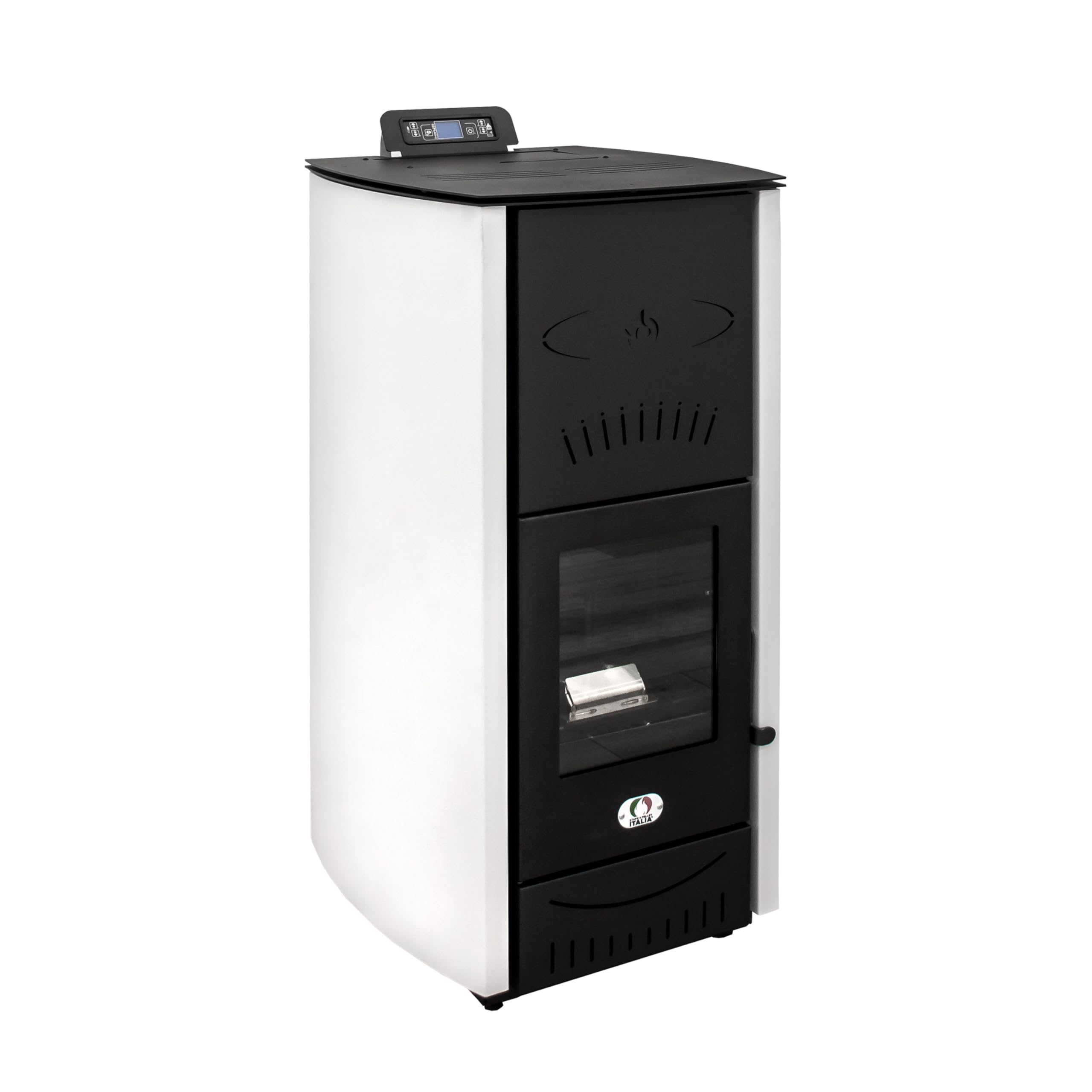 Stufe a Pellet Italia Srl - Estufa de pellets California, 8 Kw, estufa de pellet, ventilada, calienta hasta 60 m², 5 niveles de potencia, 5 velocidades de ventilación, programable, color blanco