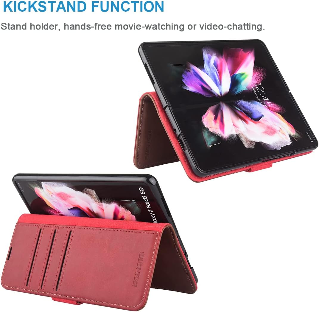 KEZiHOME Genuine Leather Galaxy Z Fold 3 Wallet Case [RFID Blocking] with Card Slot Flip Kickstand Phone Cover Compatible with Galaxy Z Fold 3 (2021) (Red/Brown)