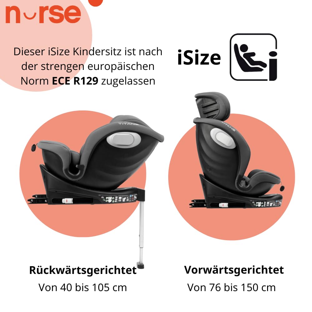 Nurse Titane Kindersitz i-Size 40–150 cm, 360° drehbar, ISOFIX mit Stützbein, Rückwärts- und Vorwärtsgerichtet, Seitenschutz, Grau