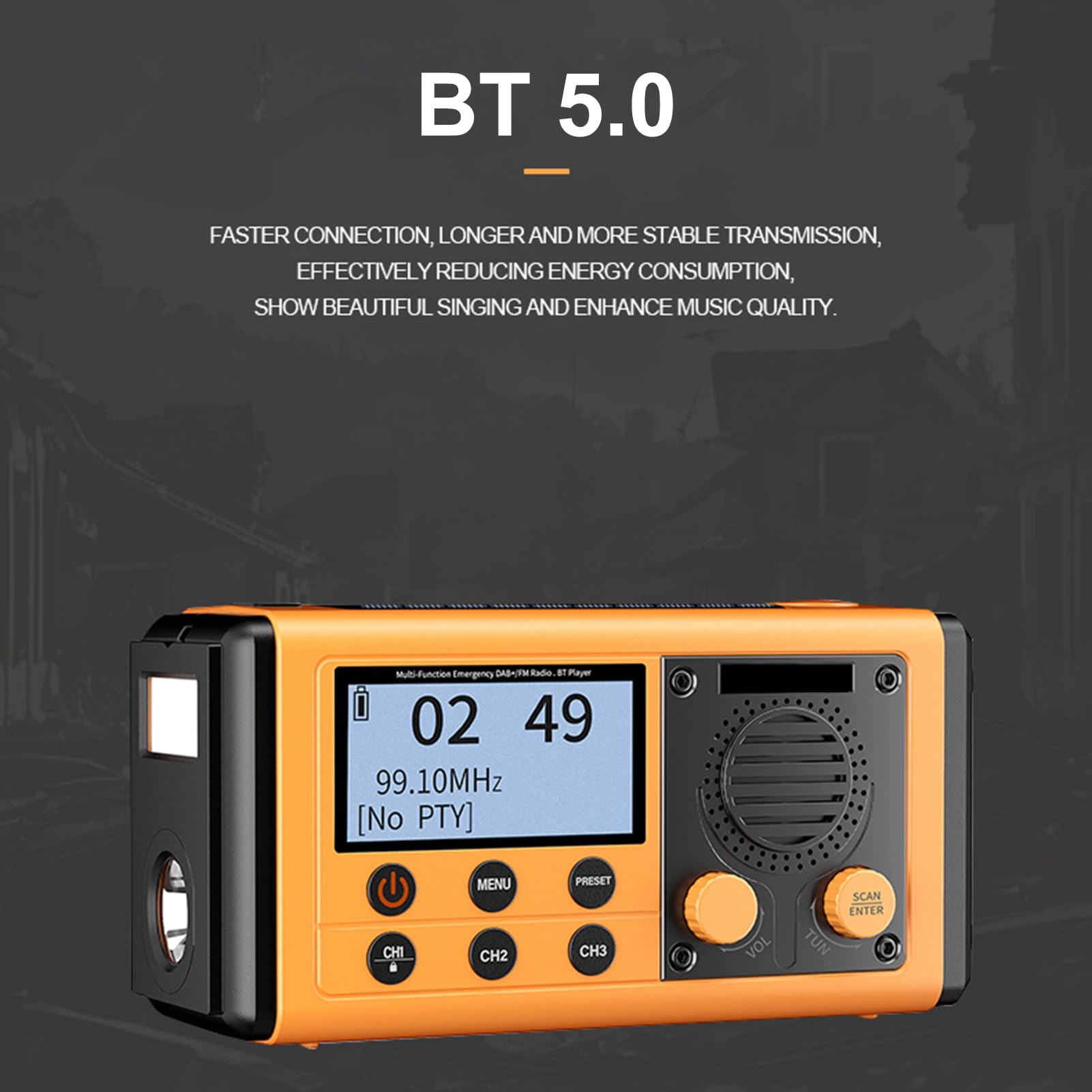 Domary Radio d'urgence de Manivelle à Main Solaire Portable Dab + / FM BT 5.0 Haut-Parleur 10000mAh Banque d'alimentation LED Lampe de Poche SOS Alarme IPX6 Imperméable avec Charge (Jaune)