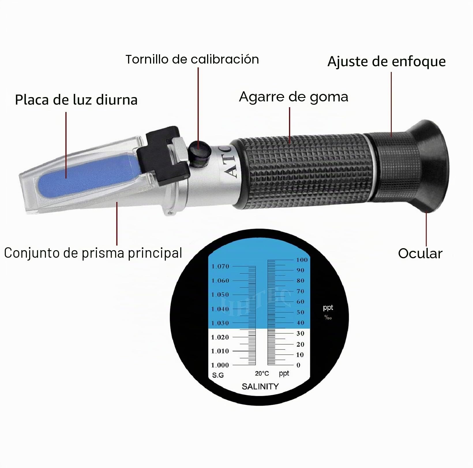 HHTEC Refractómetro Salinidad Acuario Marino 0–100‰ – 1.000–1.070 SG – ATC – Medidor Agua Salada para Acuario y Reef