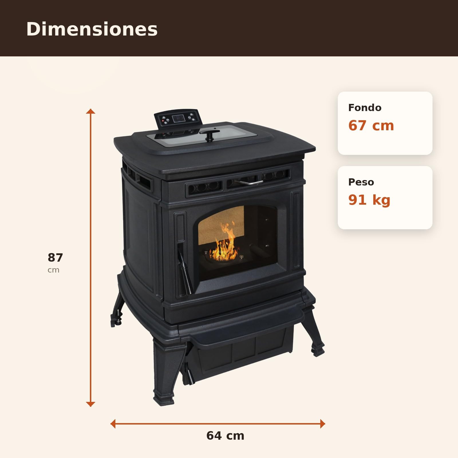 EIDER BIOMASA Estufa de Pellets MÁXIMA FUNDICIÓN – 10 kW – Cuerpo Hierro Fundido – Tolva 15 kg – Hasta 230 m³ – Programable – Encendido Rápido – Clase A+