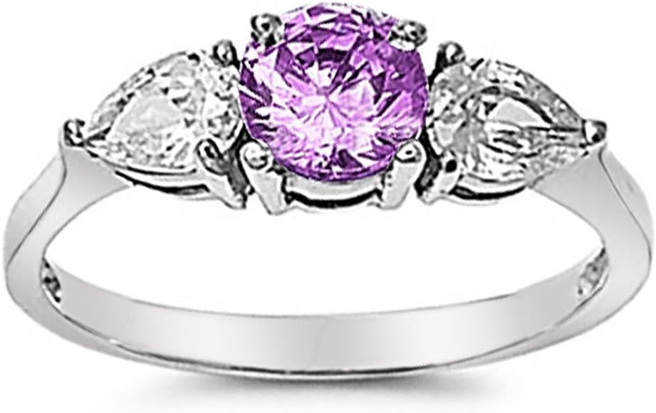 Silver Hearts Jewelry Ladies Stainless Steel Engagement Ring, Stainless Steel Engagement Ring with Simulated Amethyst, Three Stone Ring, Bridal Ring