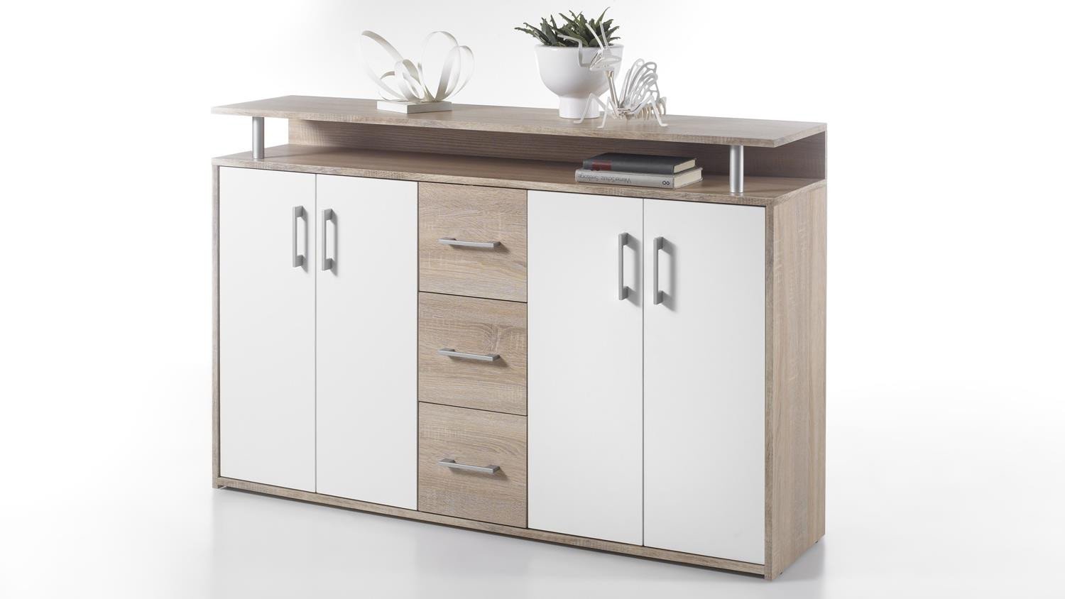 AVANTI TRENDSTORE DORO - cassettiera da ingresso, comó portaoggetti con 4 ante e 3 cassetti in legno laminato di colore bianco. Dipsonibile in vari colori. Dimensioni ca. LAP 139x90x34 cm
