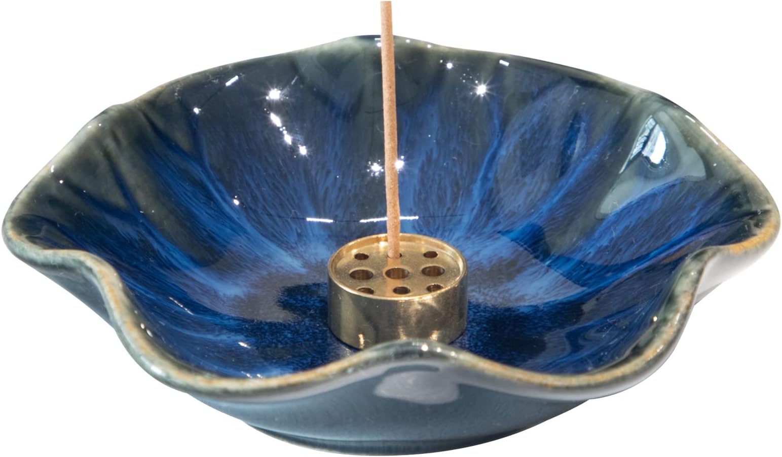 HEER Ceramic Incense Holder with Brass Holder, Lotus Leaf Incense Stick Holder, Chinese Kiln Glaze Incense Burner Tray for Palo Santo Sticks. (Lotus Leaf Incense Seat (Blue))