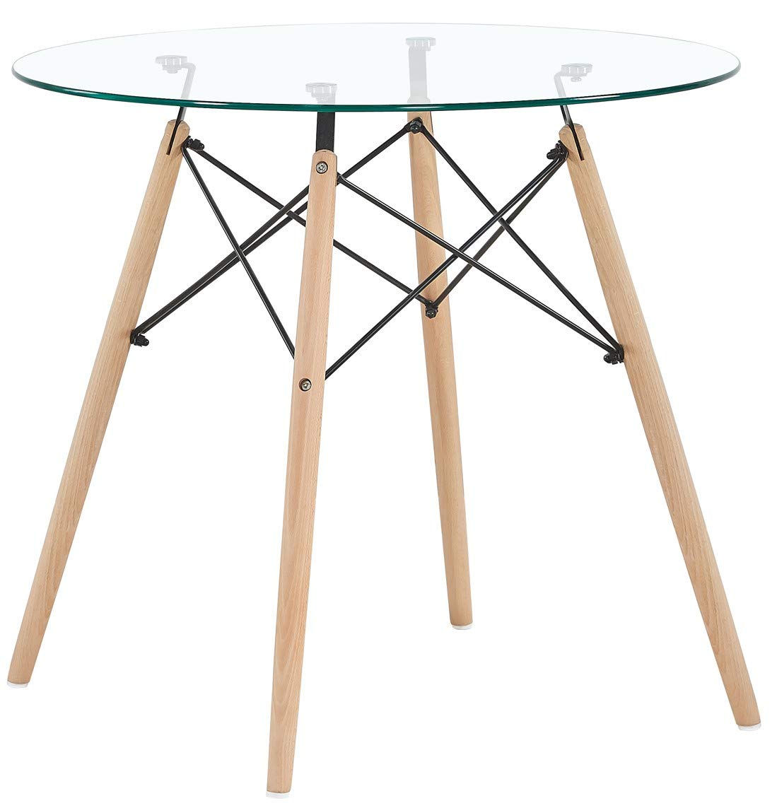 DORAFAIR Table de Salle à Manger en Verre trempé, Table Ronde de Cuisine ou café Moderne Nordique Pieds en Bois