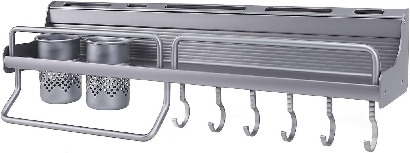 Kitchen Wall Mount Utensil Rack Aluminum Alloy Storage Shelf Wall Hanging Organizer with Dual Chopsticks Baskets