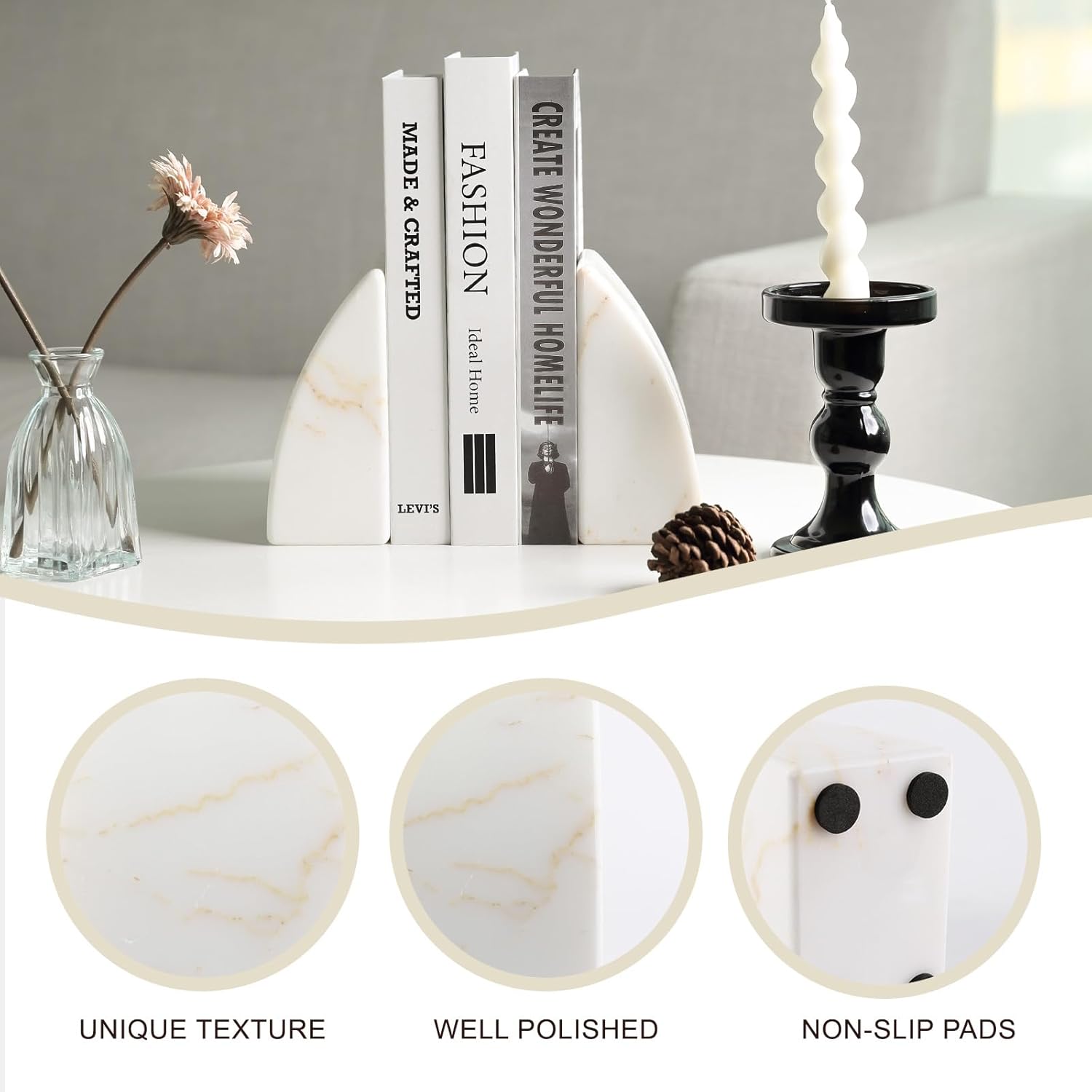 Koville Marble Bookends for Shelves, Large Bookends for Heavy Books, Natural Stone Book Stopper for Books CD Movies, Aesthetic Decorative Book Ends (Golden Calacatta)