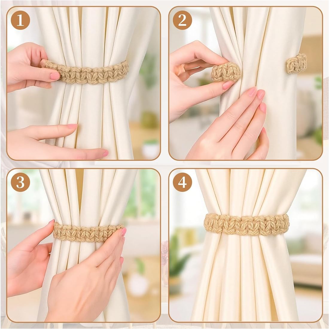 4 pezzi fermatenda boho intrecciati Fermatenda per tende fatti a mano senza foratura per soggiorno, camera da letto, ufficio