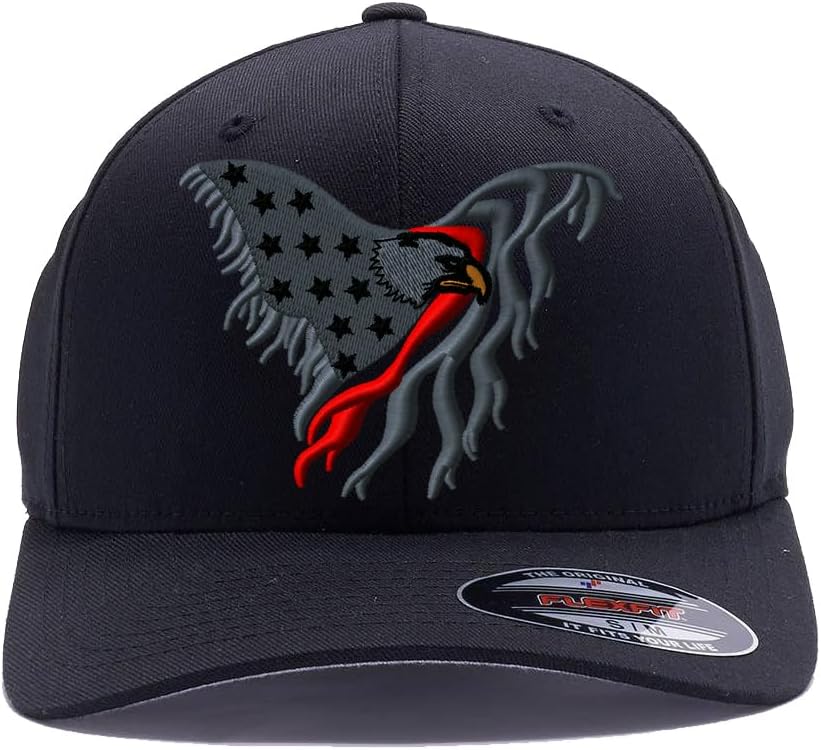 Thin Red Line Eagle - Thin Blue Line Eagle - American Flag Eagle Flex Fitted hat. Custom Embroidered
