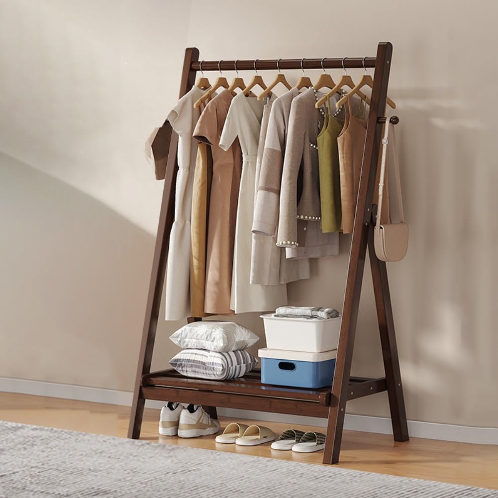 Dodobd B Foldable Wooden Clothes Rail - Hanging Rail For Clothes With Ottom Shelves For Storage,Sturdy Garment Rack,Coat Stand For Corridor Living Room Edroom Hallway, L : 60/80/100/120Cm