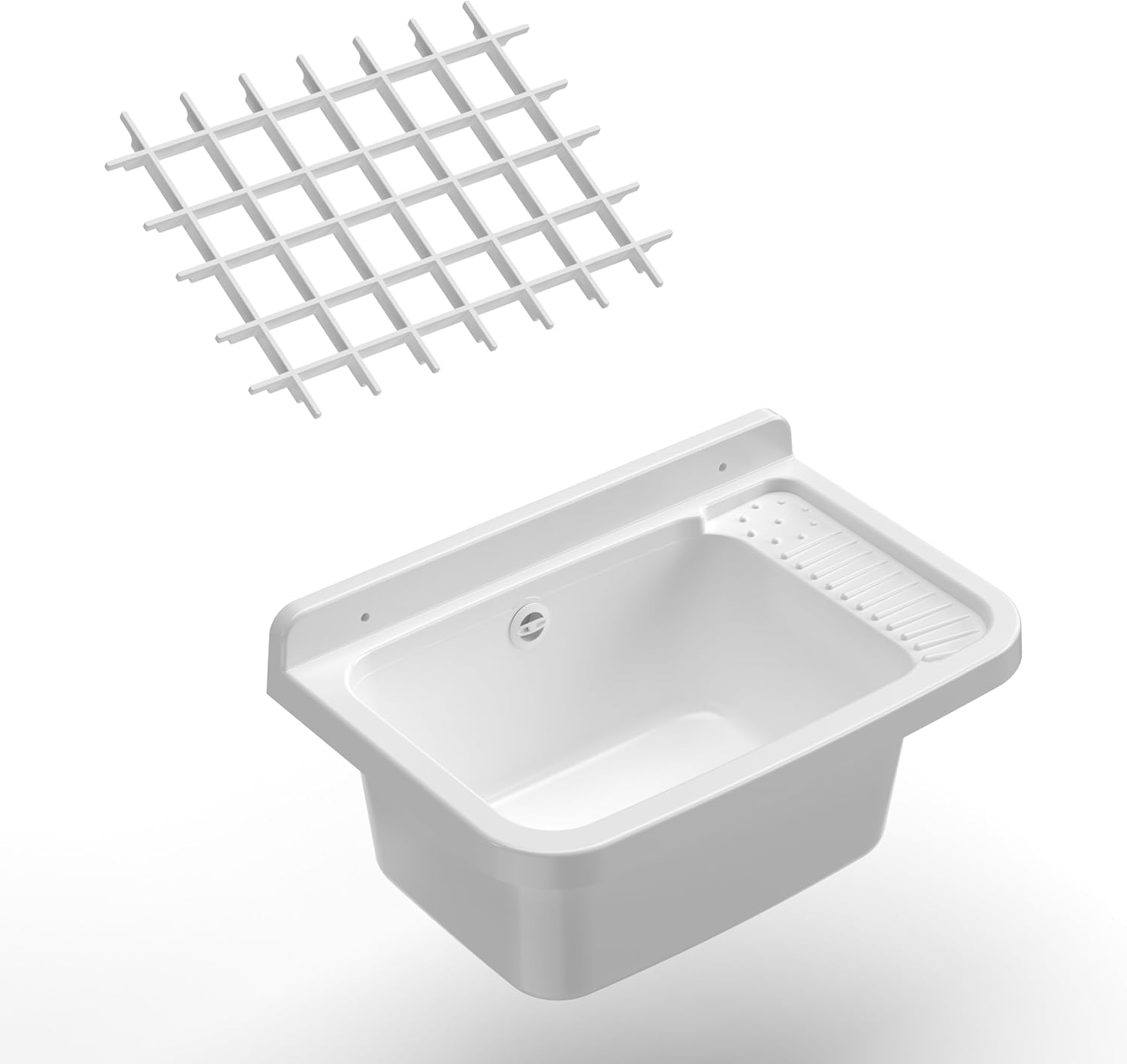 Adventa Wall Mounted Sink with Grid, Outdoor Resin, White, 50x35x24