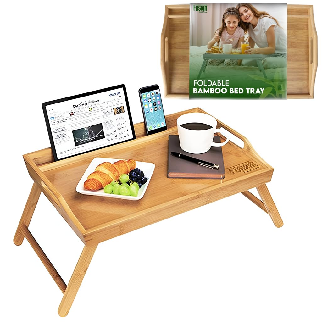 Fusion Food Bed Tray Table with Folding Legs – Made from Organic Bamboo & MDF | Secure Surface with Built-in Side Handles | Lap Tray Ideal for Eating, Reading & Working on Beds & Sofas