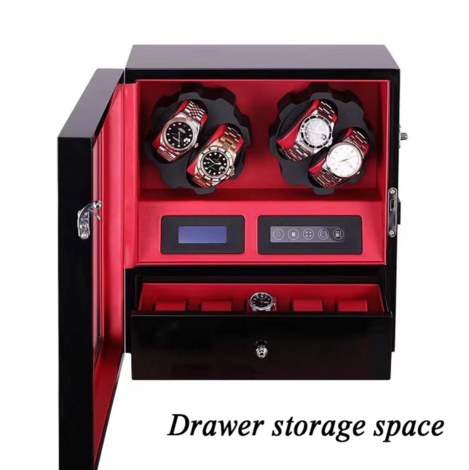 Drehbare Uhrenbox, Automatische Uhrenbox, Automatischer Uhrenbeweger, LCD-Bildschirm mit Schloss und Umgebungslicht, Stauraum in der Schublade (A)