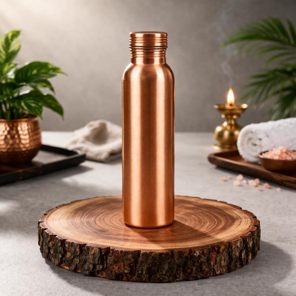 Ayurveda 100% Pure Copper Water Bottle 1ltr/ 32oz - Handmade Durable Copper Bottle For Drinking Water | Leak Proof Lid C opper Vessel for Yoga, Gym, Office, Home & Travel