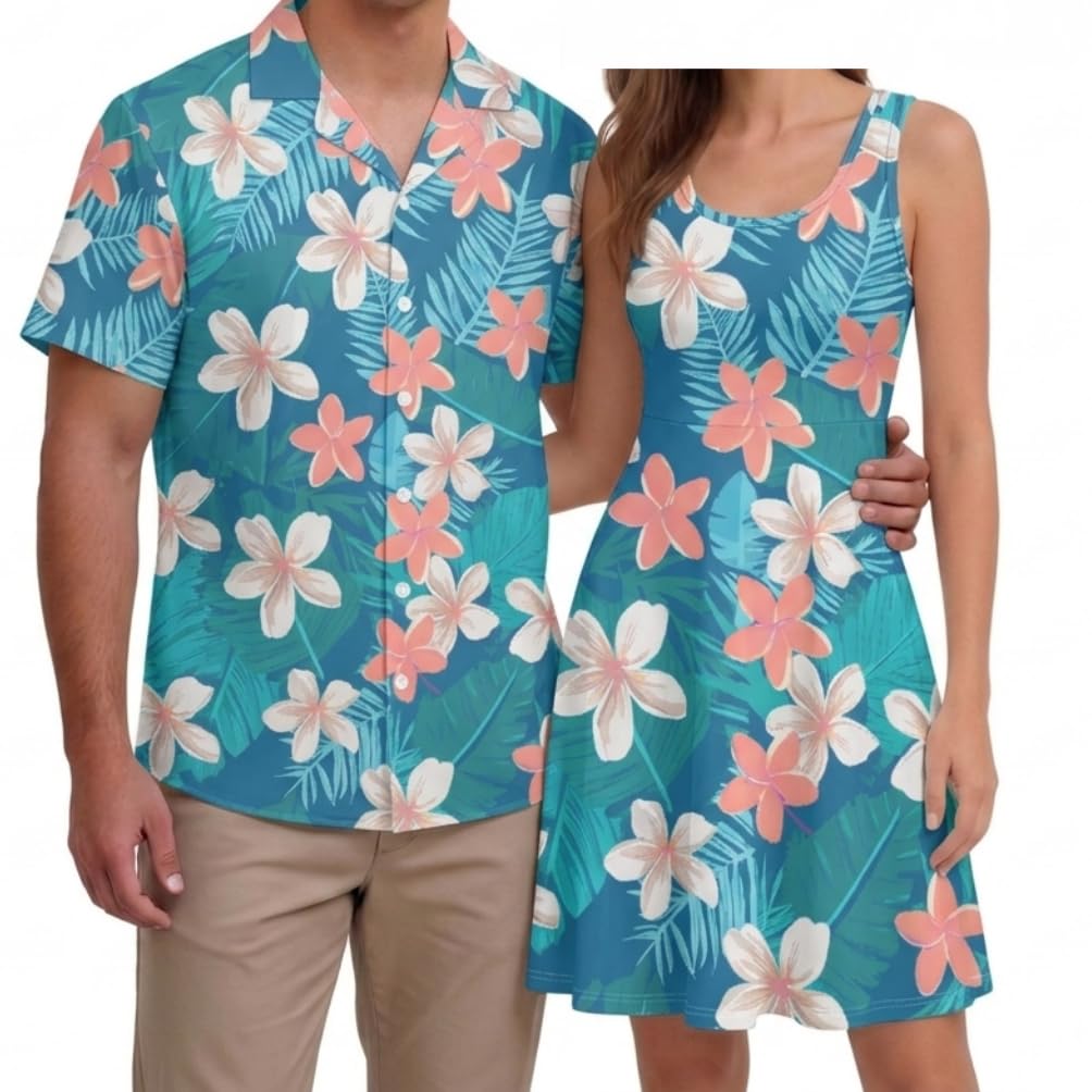 Hawaii Matching Couple Outfits Husband and Wife Clothing Fashionable Mens Casual Shirts Hawaii Dress with Soft Fabric