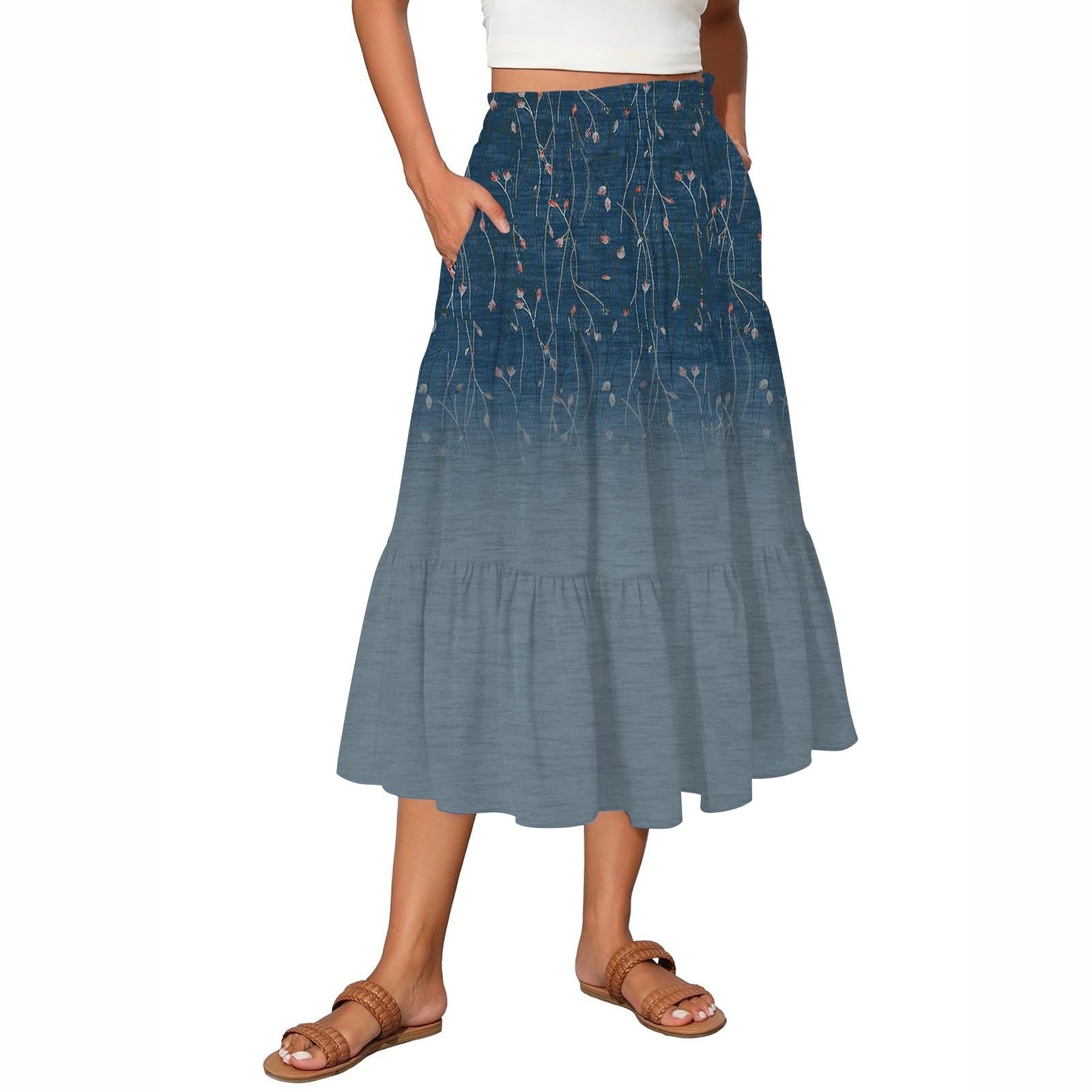 Long Skirts for Women Elastic Waist Tiered Maxi Skirts Pleated Lightweight Novelty Flowy Skirt Soft a Line Boho