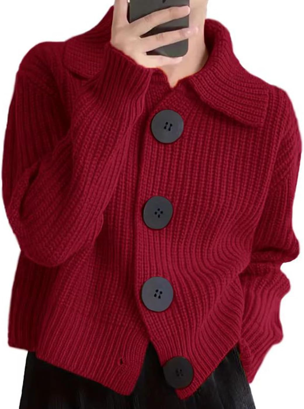 Women Open Front Knit Sweater Long Sleeve Cardigan Sweater Casual Loose Button Lapel Cardigan Coat