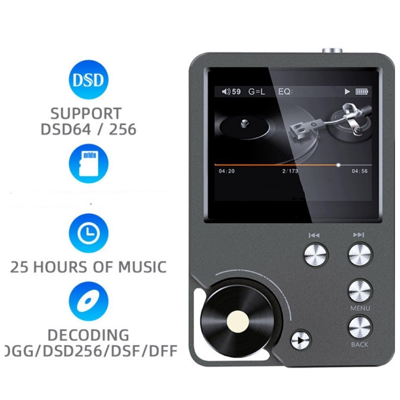 Generic Lettore Musicale Audio Digitale Ad Alta Risoluzione con Scheda di Memoria da 64 GB, Lettore Audio Portatile Hi-Fi per Appassionati di Musica, Display da 2,0 Pollici